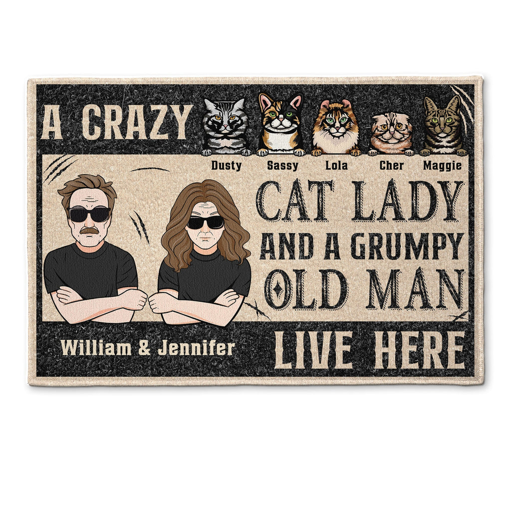 Crazy Cat Lady & Grumpy Old Man - Personalized Doormat - New House, Birthday Gift For Couples, Husband, Wife, Family