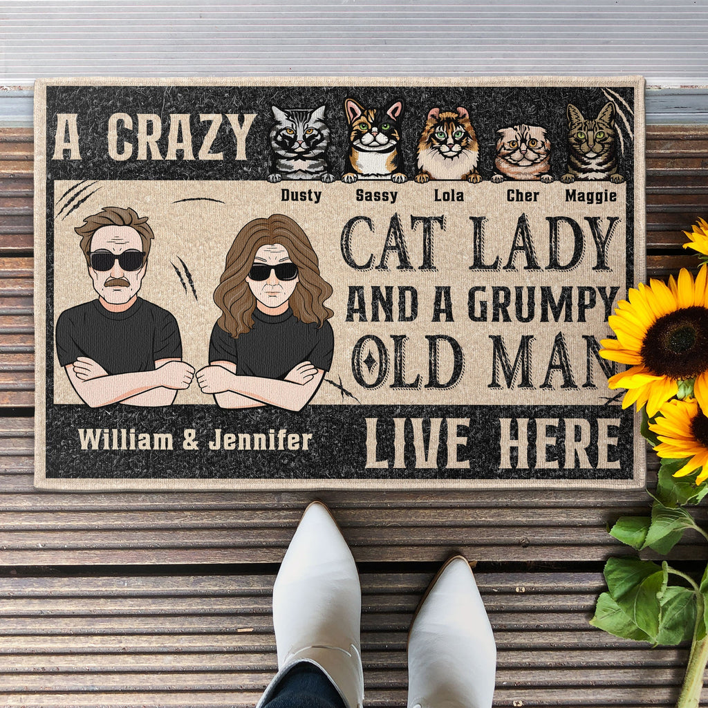 Crazy Cat Lady & Grumpy Old Man - Personalized Doormat - New House, Birthday Gift For Couples, Husband, Wife, Family