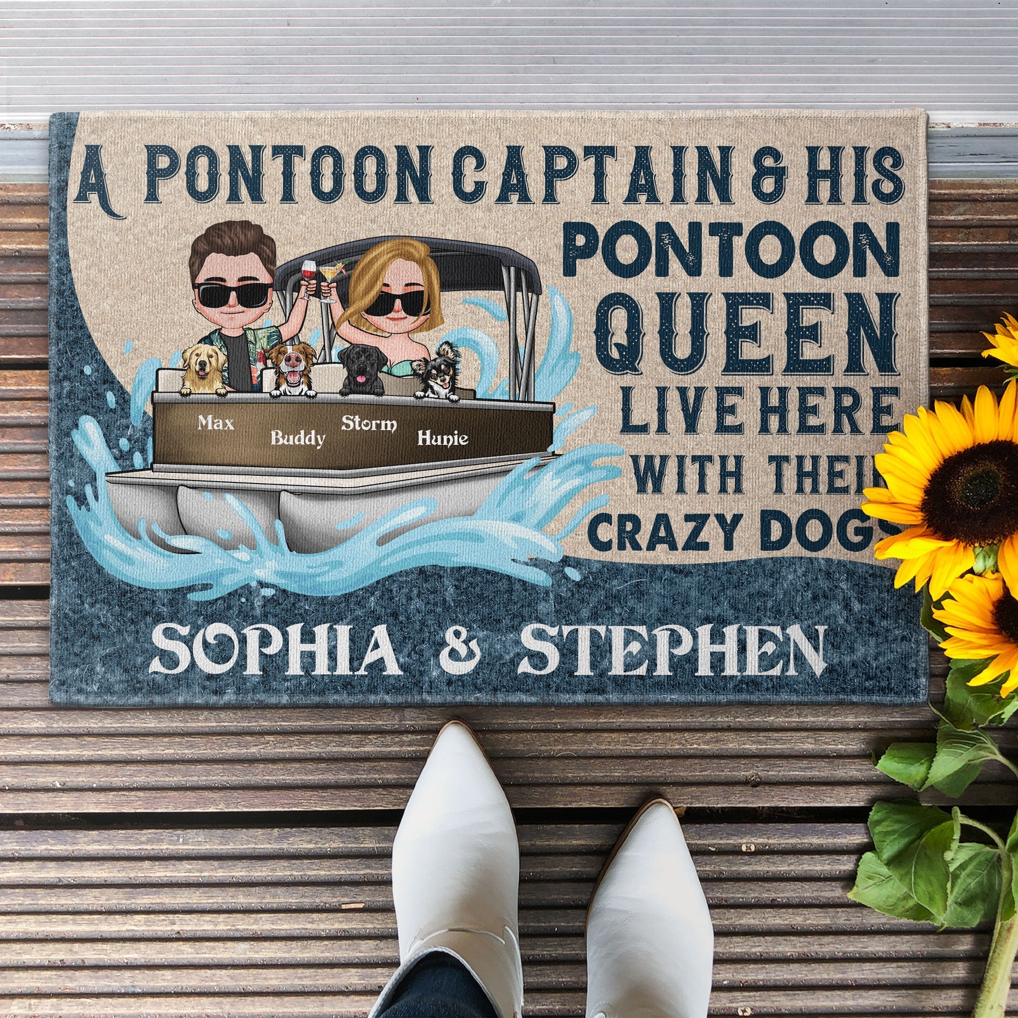Pontoon Captain, Pontoon Queen And Their Dogs  - Personalized Doormat - Summer Decor Gift For Family, Pontoon Lover, Dog Owner