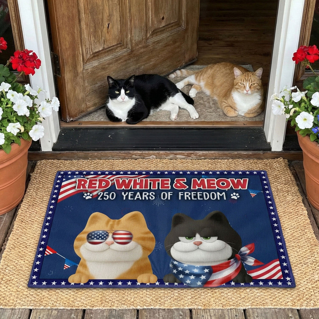 Red White & Woof Red White & Meow - 250 Years Of Freedom - Personalized Doormat