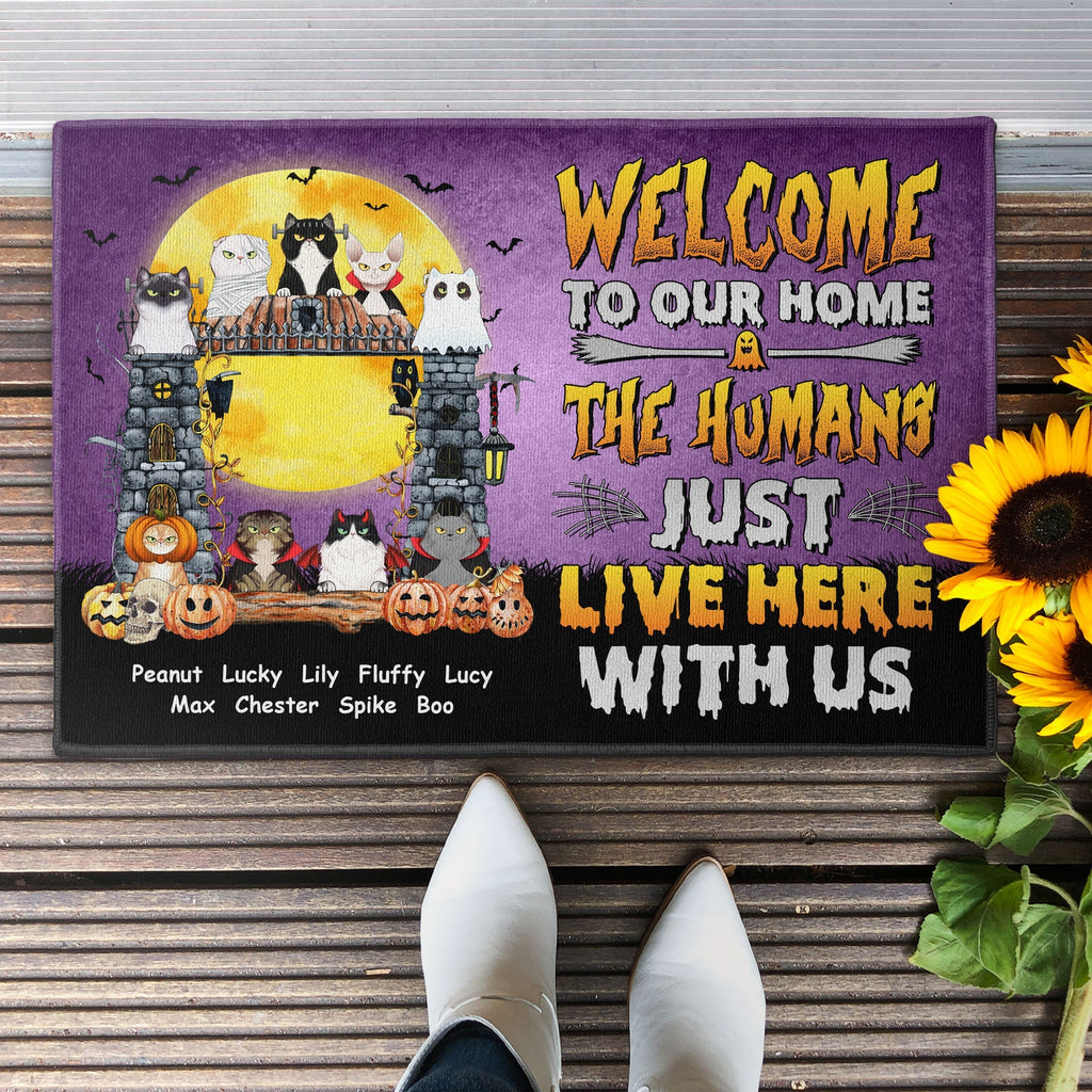 The Humans Just Live Here With Us - Halloween Version  - Personalized Doormat - Funny, Halloween, Home Decor  Gift For Cat Mom, Cat Lover, Cat Owner
