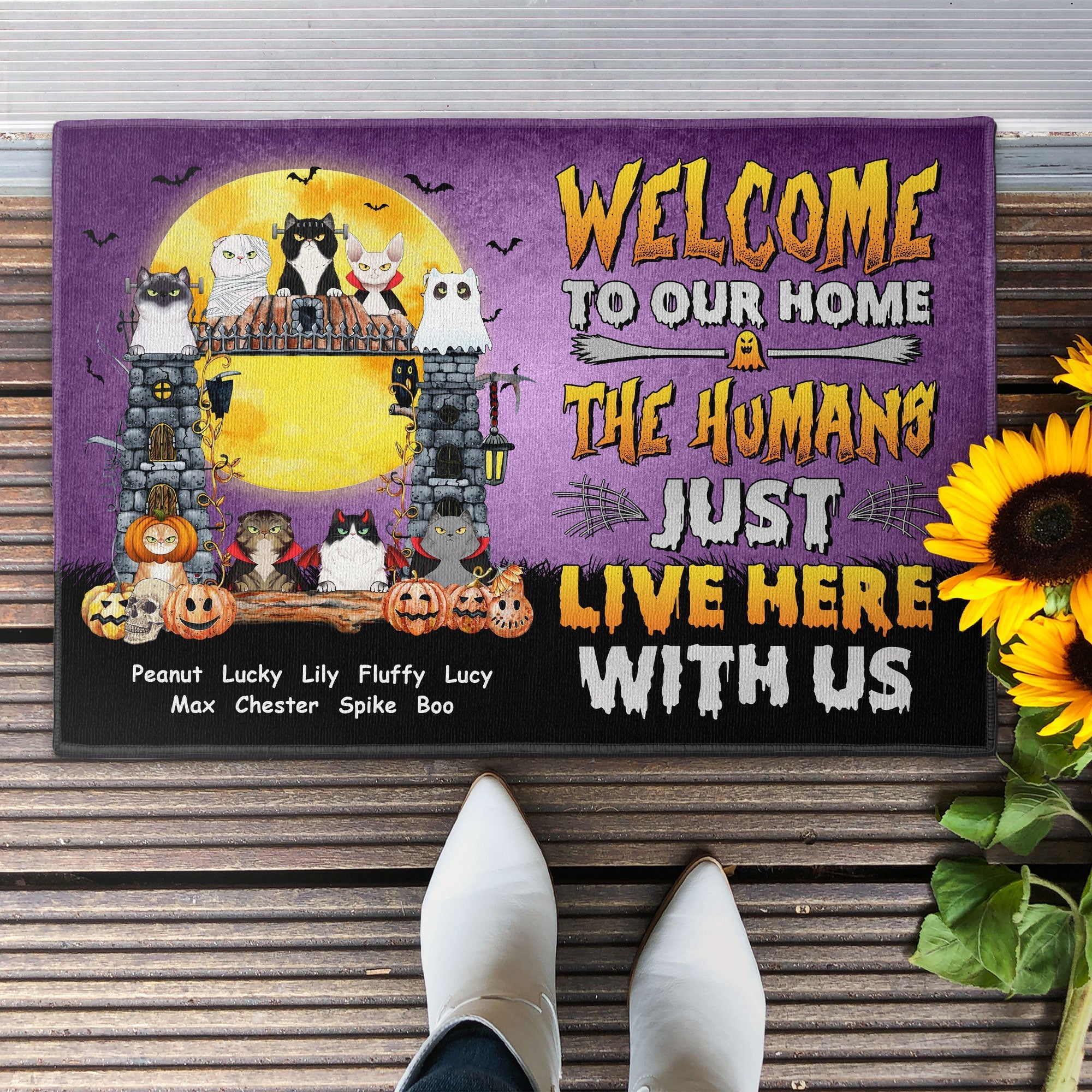 The Humans Just Live Here With Us - Halloween Version  - Personalized Doormat - Funny, Halloween, Home Decor  Gift For Cat Mom, Cat Lover, Cat Owner