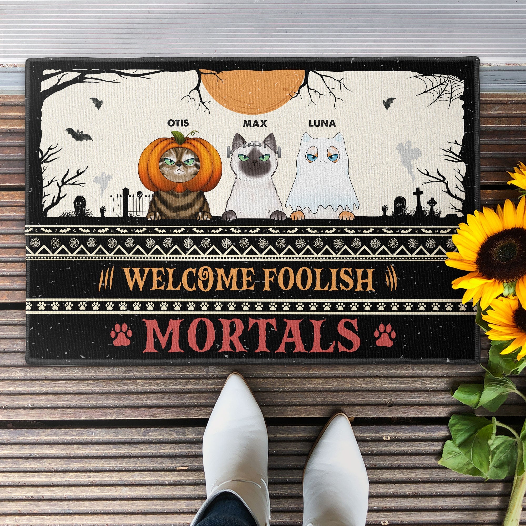 Welcome Foolish Mortals Ver 2 - Personalized Doormat - Cat Doormat - Halloween Gift For Cat Lovers